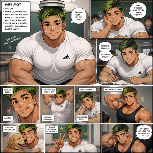 A Full page Anime Comic book story about of a masculine and Bulky With Huge Arms and Pecs and the perfect Physique ANIME Cute Bara Man American 20 year old with a ROUND and BASIC facial structure and TENAGE BARA CUTE MALE who’s personality is Innocent and but smiles and is immediately Attractive and Hot without trying not to detailed With bigger than average Pecs that are visible through the shirt and Biceps and a big Bandaid on his nose and Left Cheek and Right Eye brow. Wearing a no piercings Baggy White Adidas Athletic shirt and Short and Green Hair and Bright Green Hair Tips and Strait with brown eyes and black eyebrows. Sitting down with his head still and his eyes looking up at you with a Hot,Cute and Dreamy smile And Balances Books on his head and doing other cute and Hot stuff in classrooms and Licking his lips and wearing a Black Tank top at a Photoshoot. And does all this posses that make him look Hot