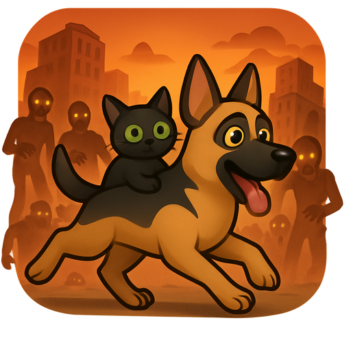 A German Shepherd with orange eyes carrying a black cat with green eyes on his back as they run away from a hoard of brown zombies with glowing orange eyes swarm a city with buildings that are slowly being taken over by rusty Brown metal and an ominous orange sky