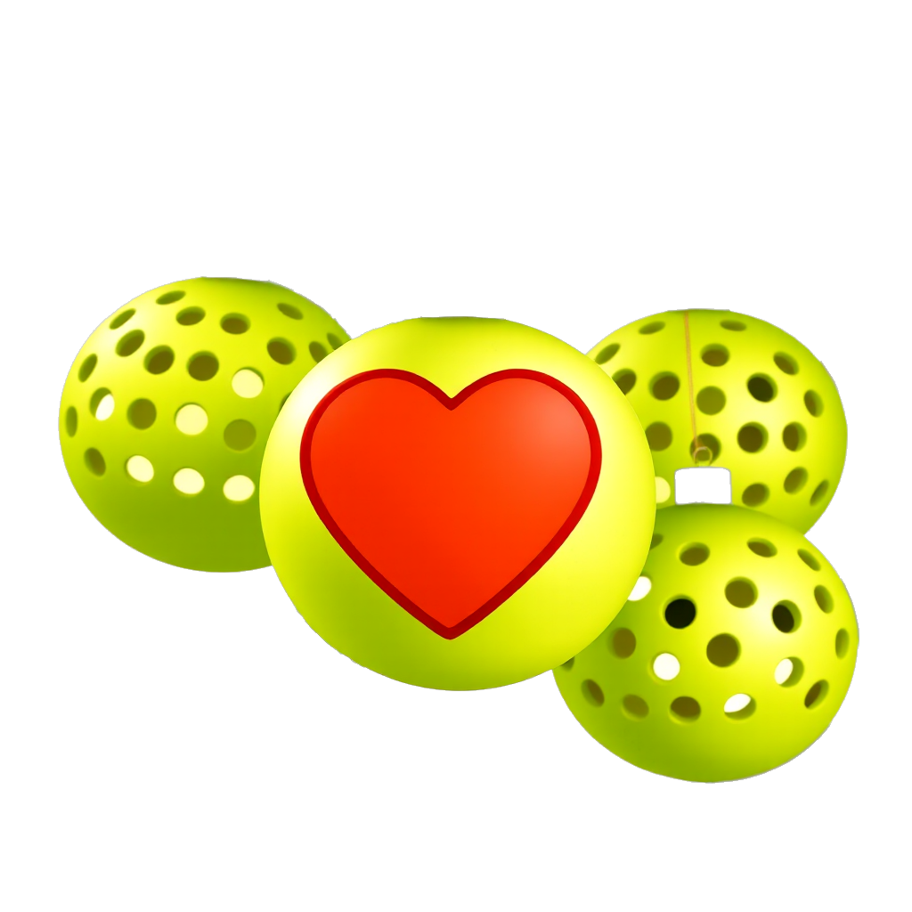 Lime green colored Perforated pickleballs with many equally spaced holes as Christmas tree ornaments and a big red heart ornament in the middle all hanging on the pine branch of a Christmas tree and the pine needles of the branch are very visible