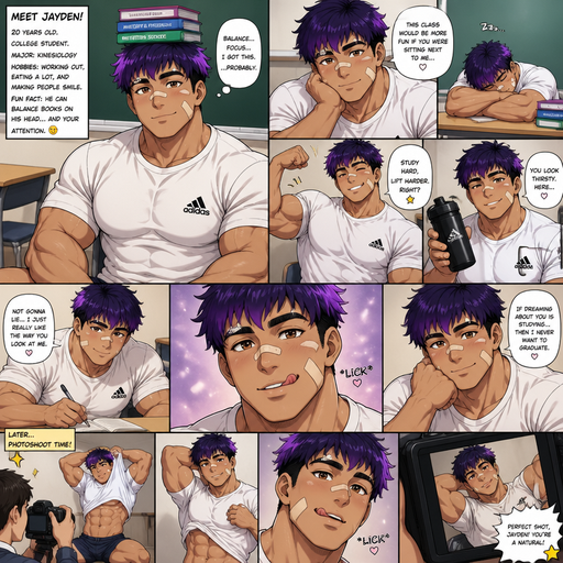 A Full page Anime Comic book story about of a masculine and Bulky ANIME Cute Bara Man American 20 year old with a ROUND and BASIC facial structure and TENAGE BARA CUTE MALE not to detailed With bigger than average Pecs that are visible through the shirt and Biceps and a big Bandaid on his nose and Left Cheek and Right Eye brow. Wearing a no piercings Baggy White Adidas Athletic shirt and Short and Purple Hair and Bright Purple Hair Tips and Strait with brown eyes and black eyebrows. Sitting down with his head still and his eyes looking up at you with a Hot,Cute and Dreamy smile And Balances Books on his head and doing other cute and Hot stuff in classrooms and Licking his lips at a Photoshoot.