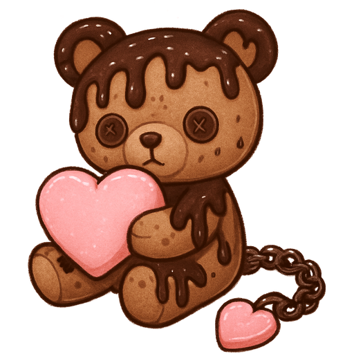 Chunky chocolate ice cream themed voodoo bear doll with a dark chocolate drizzle accents and is holding a big pink conversation heart and a matching charm bracelet as a Valentine’s Day set heart confetti glitter also