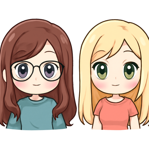 Girl with browline glasses, brown long hair, blue eyes and baggy clothes and girl with blonde hair, green eyes, tight clothes