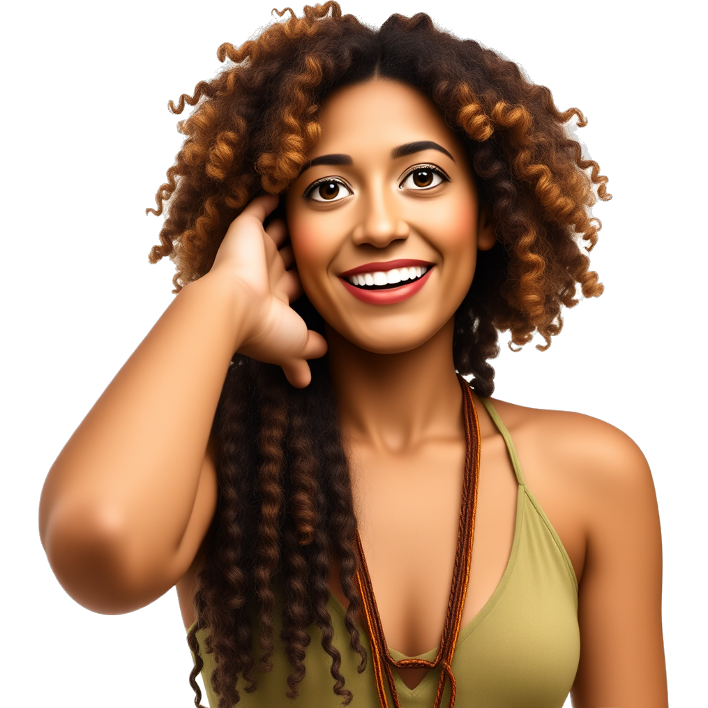 "Latino woman with curly hair, vibrant colors, soft lighting, bohemian vibe, playful and confident, surrounded by nature's beauty."