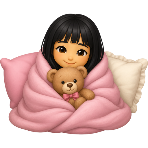 Make a girl with black hair and bangs being cozy by being wrapped around a blanket and add pillows and a cute teddy bear