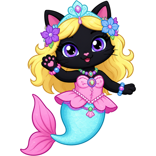 black cat with light yellow hair purple and blue flowers light cyan crown purple and green necklace pink and blue bracelets pink dress attached to long light cyan mermaid tail with pink tail fins based on Parlo magic mixies (cartoon)
