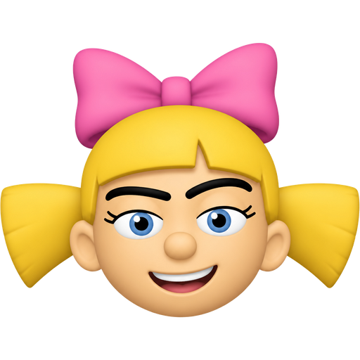 Helga Pataki from hey Arnold. Light skin, blonde side pigtails, large pink bow on top. Blue eyes, black eyebrows, she is smiling. Face design is similar to those of apple emoji people