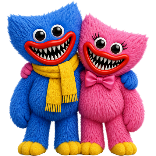 A blue, fuzzy monster with big red lips with sharp teeth are yellow scarf on with a pink, fuzzy monster, with big red lips with sharp teeth with a pink bow tie on
