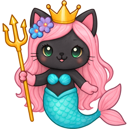 black cat smiling pink long hair golden crown purple and blue flowers green eyes light pink gloves very long cyan mermaid tail with pink fins swimsuit cyan holding a golden trident lunakittyfox style artistic creation, beautiful art