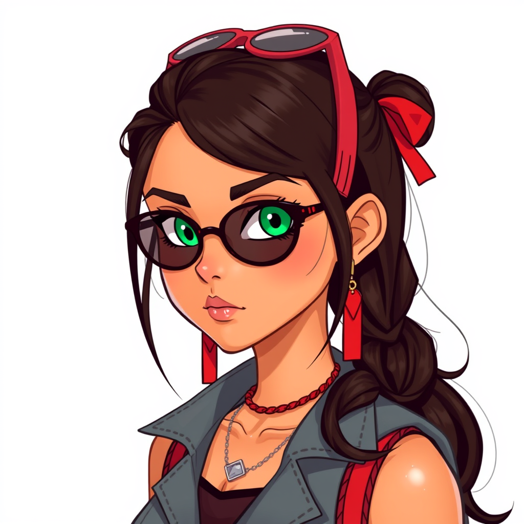 Dark Brown hair, green eyes, tan skin, really pretty, Y2K style, has lots of drip, cool, and loves the color red, is a girl