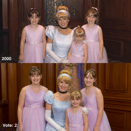 give me people trying to re-create a photo from the 2000 and the vote of their trying to re-create is two 10-year-old twin daughters and the five-year-old sister are taking a picture with cinderella