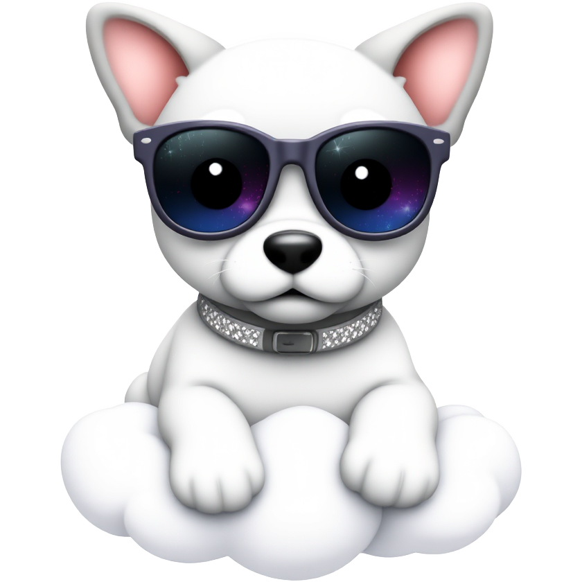 A whimsical dog wearing oversized, starry galaxy sunglasses, adorned with a sparkling silver collar. Its fur glimmers in rainbow hues, as it lounges comfortably on a fluffy cloud that drifts through a dreamy pastel sky, surrounded by twinkling, animated stars playing around it.