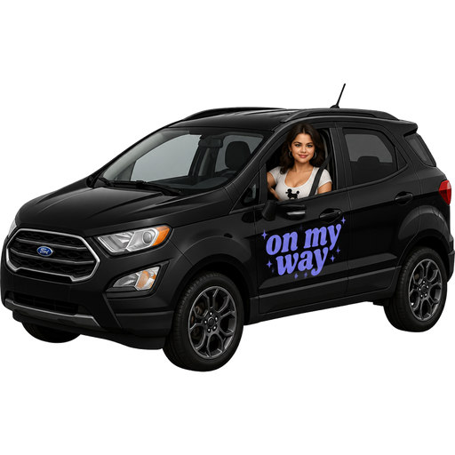 Black 2020 Ford Eco sport with a periwinkle decal on the driver door that says on my way, Selena Gomez is in the drivers seat wearing a poodle T-shirt showing off some small cute cleavage