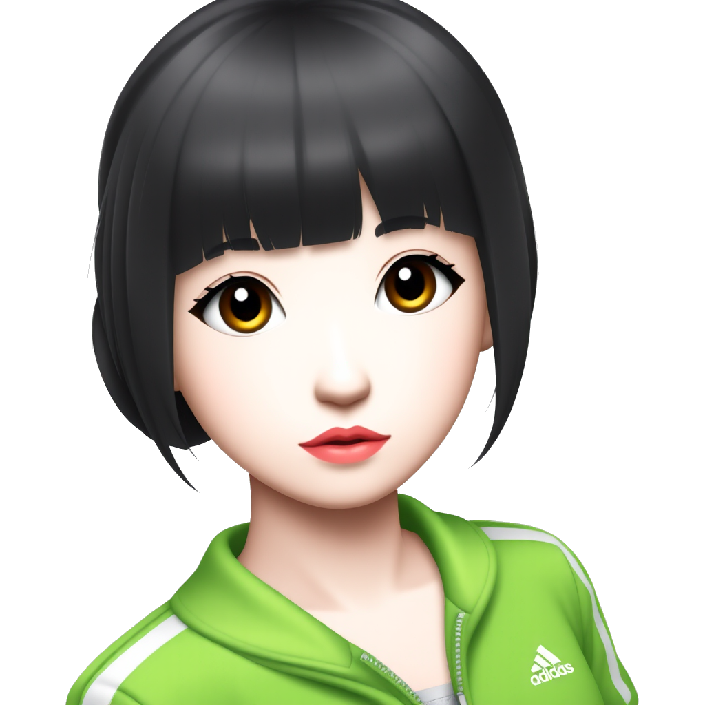 It is a girl. Her skin color is milk-white. Almost pale. Her hair is black, low-bun style. She also has bangs. She has pink colored lips, which is glossy. Her eyelashes are long. She has single eyelids. She wears green addidas zip ups. She has small earrings.