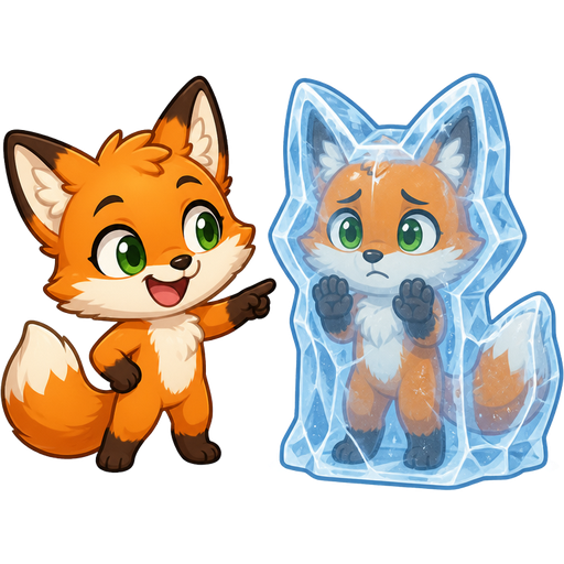 orange anthro fox with green eyes next to orange anthro fox with green eyes frozen in ice shaped like a anthro fox