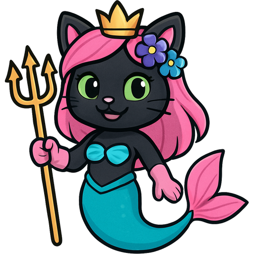 black cat smiling pink long hair golden crown purple and blue flowers green eyes light pink gloves very long cyan mermaid tail with pink fins swimsuit cyan holding a golden trident