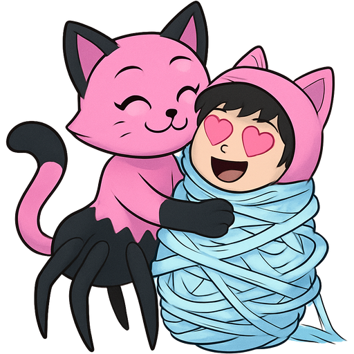 pink and black cat spider hybrid happy hugging #B8FFFF slikworm cocooned pod black haired boy in pink cat outfit happy with pink heart eyes covered with #B8FFFF huge coating of #B8FFFF slik and huge #B8FFFF slik wrappings and huge #B8FFFF webbing wrappings #B8FFFF
