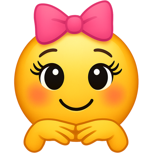 A cute emoji face whit lashes , blush cheeks , open eyes, a pink bow on her head, and whit both hands palm facing down and finger facing each other under her chin