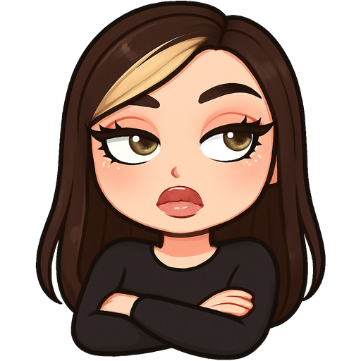28 year old baddie with full lips high cheek bones hazel eyes very long lashes winged eyeliner sparkly eyeliner and lips very fair skin with long dark brown hair parted to the side with blonde side bangs rolling her eyes with her arms crossed