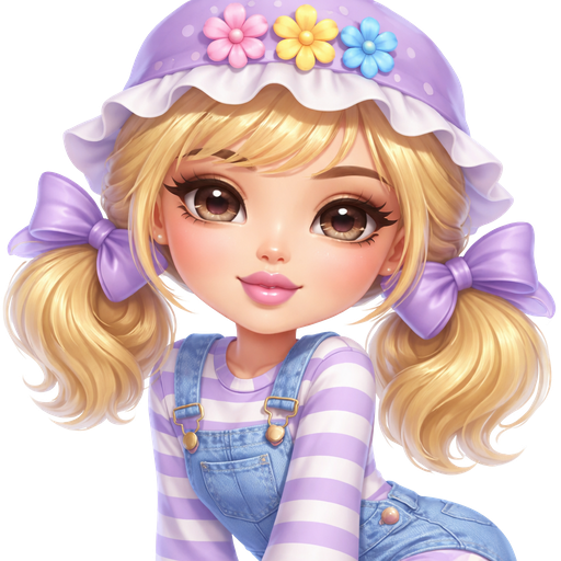 Angel Cake From Strawberry Shortcake with a Fair-Light Soft Beige Skin Tone With Bow Shaped Lips and Precious Texture Eyelash Combo Set With a Soft Hearted Purple Lipstick Finish and a Brown Eyeshadow Brush Style and an Arched Eyebrow with a Wide Set Eye Shape and a Base-Down Triangle Face Shape Wearing a Pastel Purple Flipped Up Bucket Style Hat with White Ruffles on the Trimming with Pink, Yellow and Blue Flower Clips on the top of it with Short Blonde Wavy Hair with Grouped together Bangs and A Hairstyle in Which it is Tied up in Two Ponytails and The Bows are Purple Wearing a Long Sleeved White and Purple Striped Shirt With Blue Denim Overalls also Wearing White and Purple Striped Socks with Purple Flats With an Adult Toned Build and Vivid and 3D Distinct Features and High Visual Textures in a Soft HD Intense Polished Shine