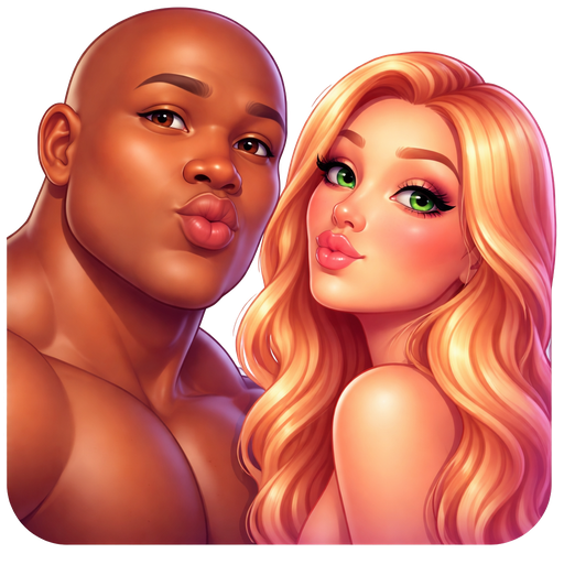 Black colored man, tall muscular very built stocky, chest neck, and face bigger round full checks, full chin football player build muscular chest neck, chin cheeks, face forehead, no beard go to you or mustache 58 years old bald brown eyes, tan colored woman younger 30 , green, beautiful eyes, pink, plump lips, long, fake eyelashes, pink light, blush, strawberry blond light ginger hair. Very long beach waves, gorgeous woman both heads turned half way with puckered lips