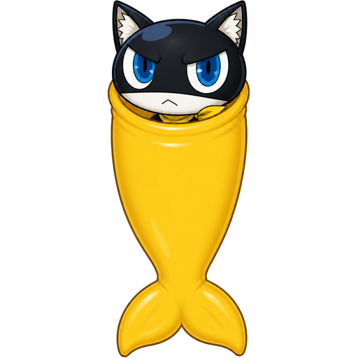morgana anthropomorphic cat Persona 5 encased tightly inside a non-transparent rubber pooltoy long yellow mermaid tail