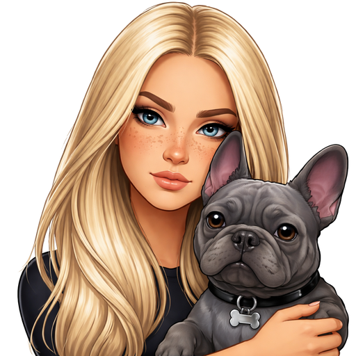 Ice Blonde 38 year old girl blue-grey eye color squinty dark freckles straight hair holding gray French bulldog serious