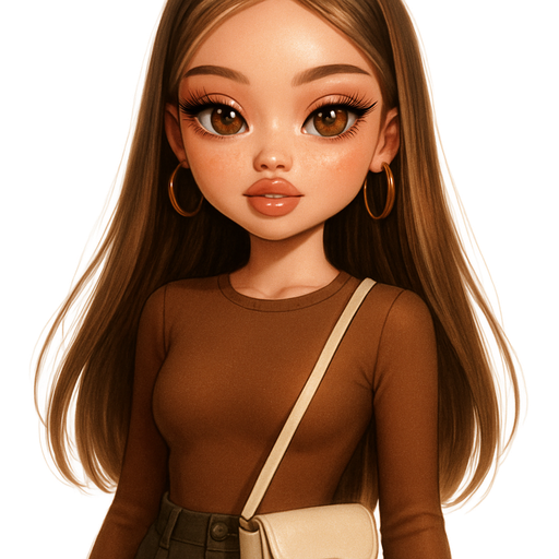 luxury glossy bratz-anime romantic aesthetic, warm cinematic glow, crisp clean detail, glossy glam skin. Petite girl, fair skin with soft freckles, wide face with tall forehead, honey-brown almond wide-set upturned eyes, fluttery lashes, shimmer highlight, plush lips, bottom heavy lip, sweet Belle-princess vibe, long straight brunette hair with visible light blonde highlights, softly defined feminine body, soft hourglass shape with full round bust, Warm cocoa fitted long sleeve bodysuit, High-waisted dark olive cargo pants, Gold skinny hoops, Sleek hair, blown-out ends, Cream crossbody bag, Warm latte makeup, glossy nude lip. pop-princess energy, shimmer highlight, sparkly glow