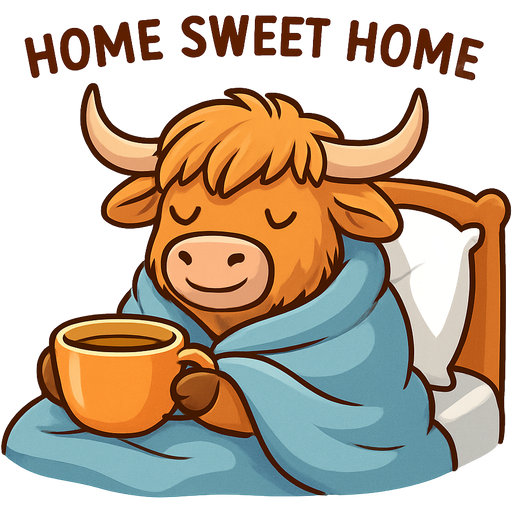 A highland cow that is snuggled up in a blanket and he is having tea in his bed and he says home sweet home