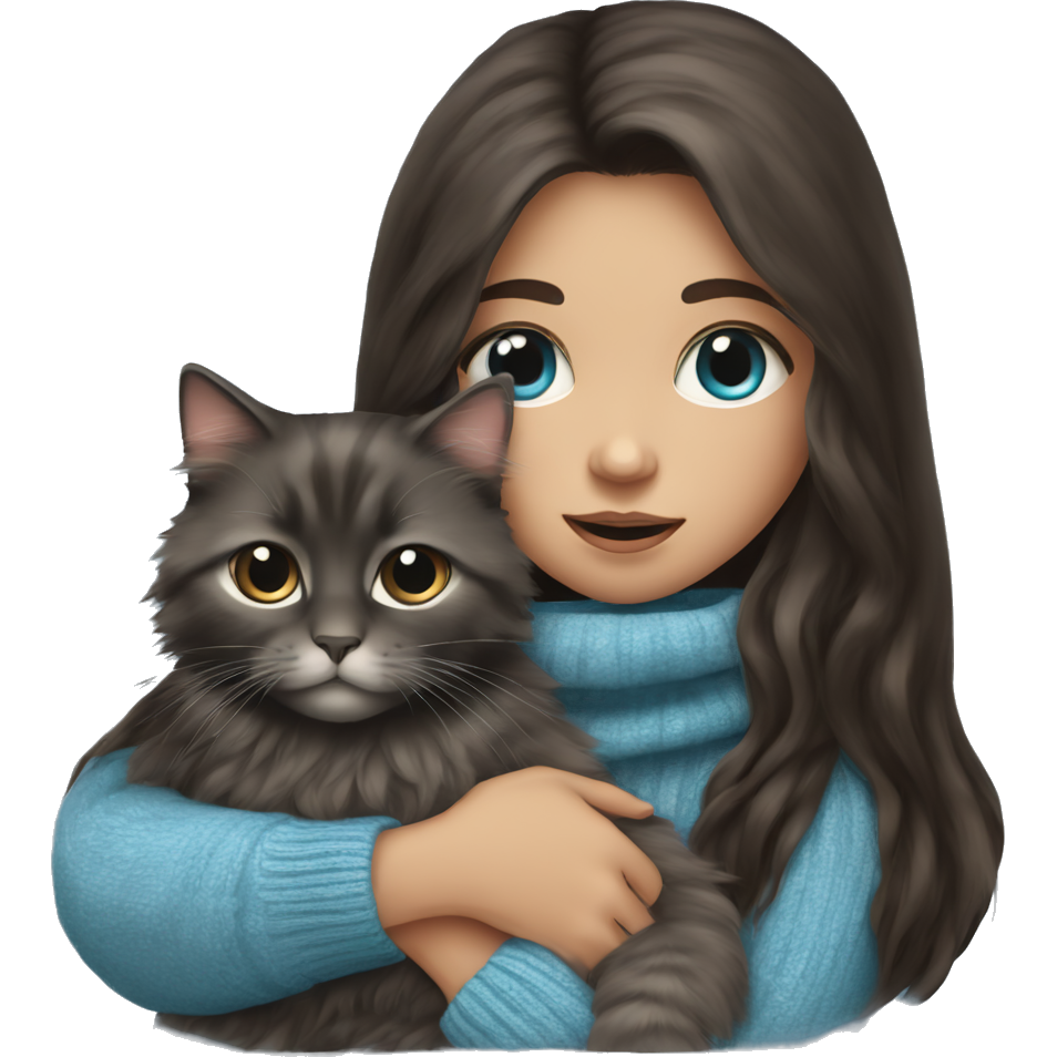 A black eyed Girl with dark brown long hair wearing a cozy sweater holding a blue eyed Siberian cat in her arms