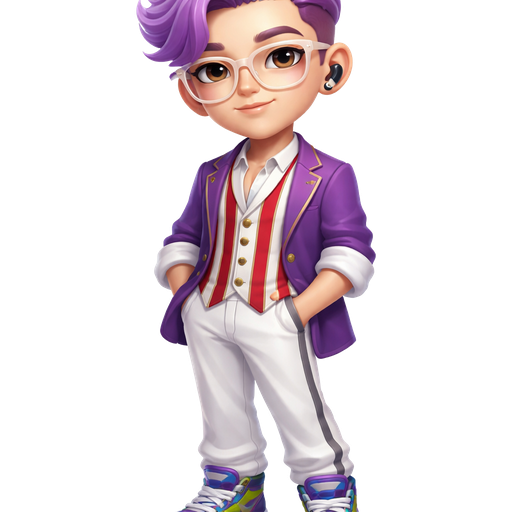 Boysenberry Mousse with a Fair-Light Cool Beige Skin Tone and Rounded Eyebrows with a Monolid Eye Shape and Apricot Pink Lip Texture and a Diamond Facial Structure with a Lavender Frosted Hair-Tips and Dark Purple Undercut Swooped Hairstyle in the Shape of Mousse Wearing White Glasses and a White and Red Striped Collared Vest With Three Flat Black Buttons with a Gold Lining and a Purple Business Jacket with White Rolled Up Sleeves and a Black and Gold Bluetooth Earbud on the Left Side of His Ear Wearing White Lounging Pants with a Grey Strip Going Down the Side and Purple and Blue Hightop Sneakers with Green on one part of the Shoe and a Yellow Lining Going Around it with a Mature Adult Balanced Structure and Vivid with 3D Distinct Features and High Visual Textures in a Soft 4K Intense Polished Shine