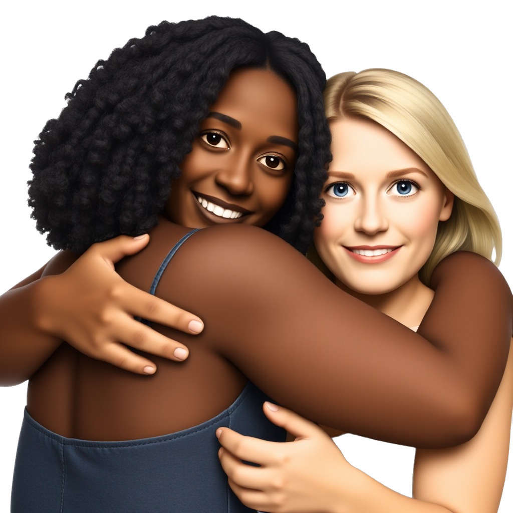 Two woman hugging friends. Dark haired woman with brown skin. One with blonde hair and blue eyes and tan skin