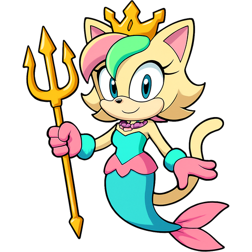 sonic x style version light yellow anthro cat with pink and green and yellow hair blue green eyes golden crown with light purple necklace light cyan braclets cyan and pink dress with purple and pink skirt attached to cyan and light blue mermaid tail with pink tail fins pink and cyan gloves holding a golden trident sonic x style version