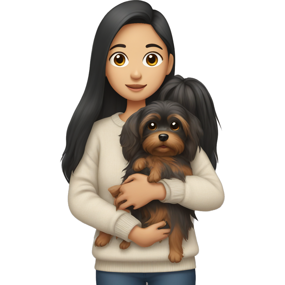 A Asian Girl with dark brown long hair wearing a cozy sweater holding a Yorkshire Terrier in her arms