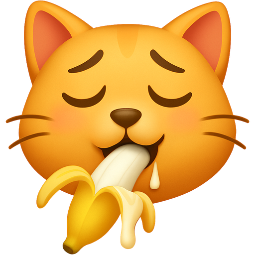 Embarrassing cat emoji face eating banana in mouth, with dripping cream on banana and mouth like tasty and enjoy expression