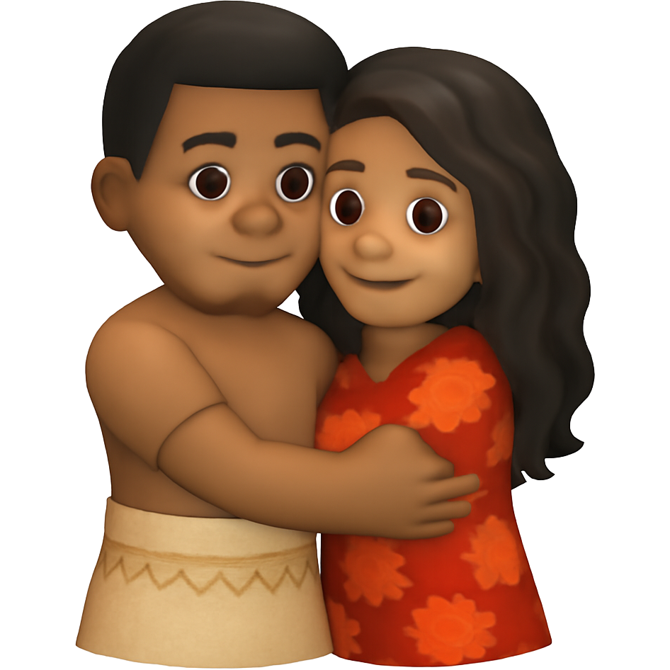 Brown Fijian man with black hair in Fijian clothing hugging a Fijian woman with wavy long hair in Fijian clothes both eyes open