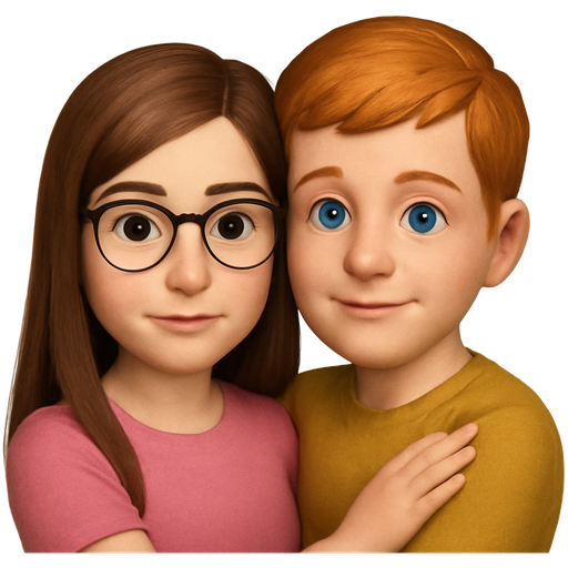 One girl that is brunett with brown eyes and glasses and wearing a pink shirt and light skin colors and one boy that is ginger with light blue eyes and a light skin color holding each other
