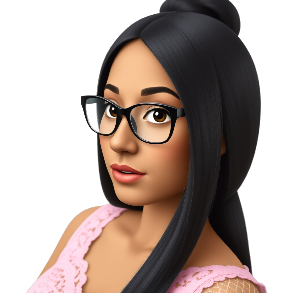 "Baddie aesthetic: tan skin, big lips, long black hair, chic eyeglasses, wearing a pink lace dress, soft pastel background."