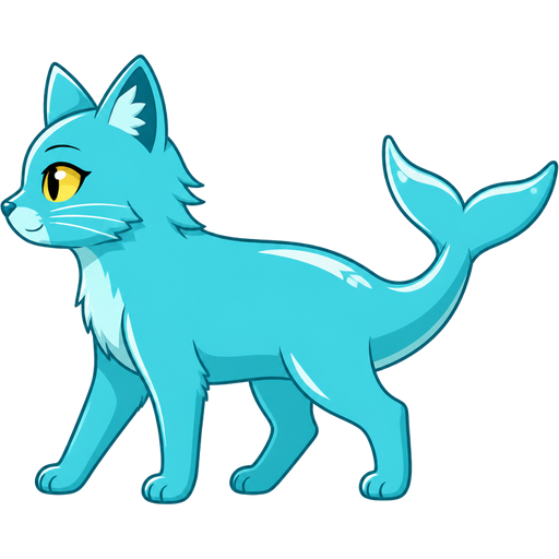 cyan dolphin tail with white highlights instead + cyan cat with white highlights and yellow eyes and cyan legs =hybrid side view