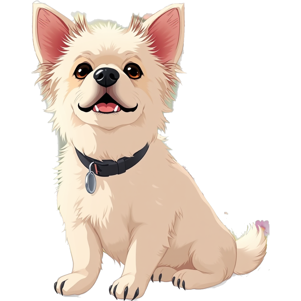 Please create a light beige French and Maltese mixed dog with a collar and tag named Cookie, in a place with flowers and a forest.