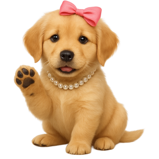Cute perrito realista golden rubio con un moño coquett rosa y un collar de perlas y el perrito sentado dando la patita emoji, adorable animal character, expressive face