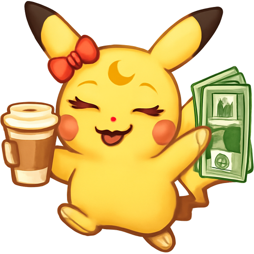 Pretty sassy cutie happy $20 money Moochie Moonlight girly Pikachu with latte and one hand and money stack in the other dancing