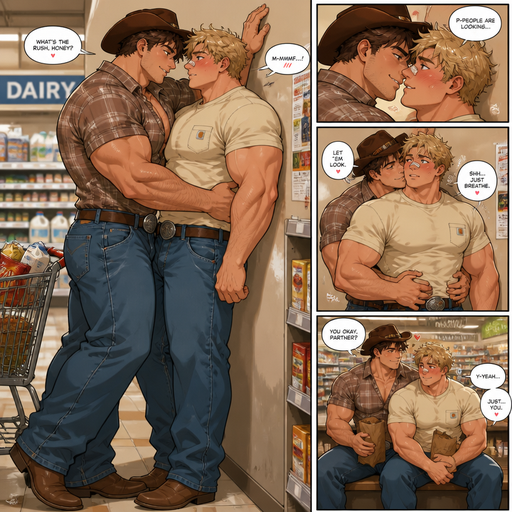 A Full Body anime comic book of a Beefy and Bulky but Muscular and ANIME Cute Bara Cowboys in Baggy Clothing Who looks Normal and American with a round facial Structure and Basic facial structure With Puffy and Big Pecs that are visible through the shirt and Biceps and Bandaid on his nose and slim and thin waist. Both Siting at the Grocery store with his Crush and pins him to a wall his Boyfriend hush him around the waist