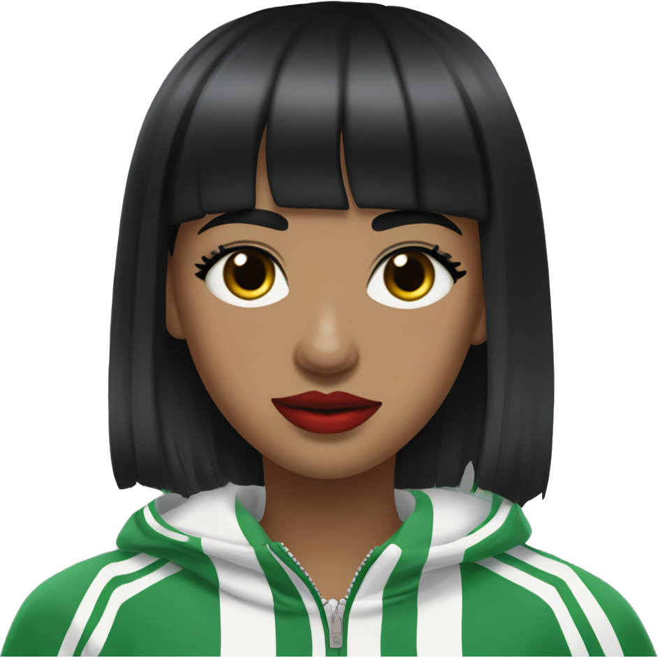 girl with mid length straight black hair with bangs,milk white skin, black eyes with long eyelashes and cherry red lips, wearing green addidas zip up