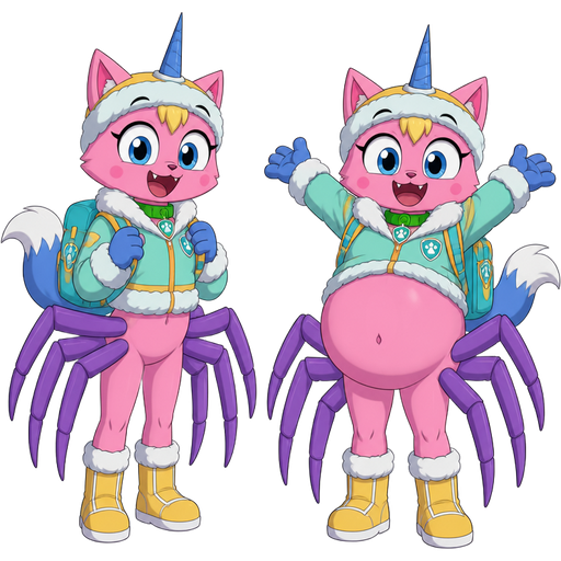 happy pink cat anthro furry boy drider with yellow hair blue and white tail white wrists blue hands 6 purple spider legs white socks yellow boots green collar blue unicorn horn based on unikitty wearing everest's hat and everest's clothing with everest's backpack next to happy pink cat anthro furry boy drider with yellow hair blue and white tail white wrists blue hands 6 purple spider legs white socks yellow boots green collar blue unicorn horn based on unikitty wearing everest's hat and everest's clothing with everest's backpack with full belly