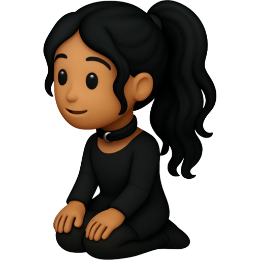 Kneeling shy goth girl pony tail. Kneeling on both knees. Not sad. Hands on her knees. Long black wavy hair. Choker on her neck. Light brown skin. Eyes open. Facing left
