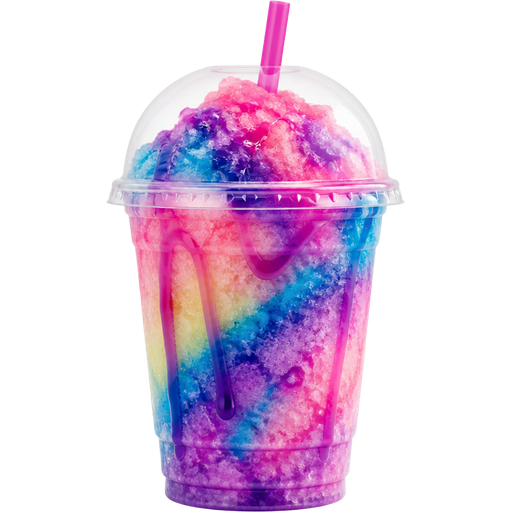 Unicorn Shaved Ice Slushie in a Plastic Cup and Plastic Dome Lid with a Straw Mixed in with Extra Syrup