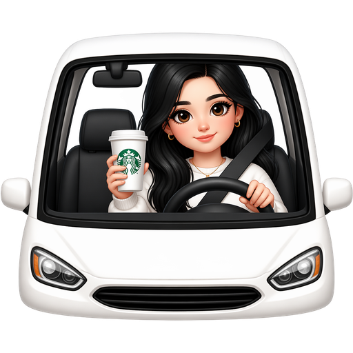 A girl with black hair brown eyes sitting in the driver seat driving with Starbucks in her hand and she’s white