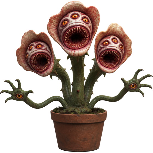 mutant flower with 3 eyes lamprey like mouth with three heads and arms with glowing eyes inside it 3 green arms poking out of flowerpot