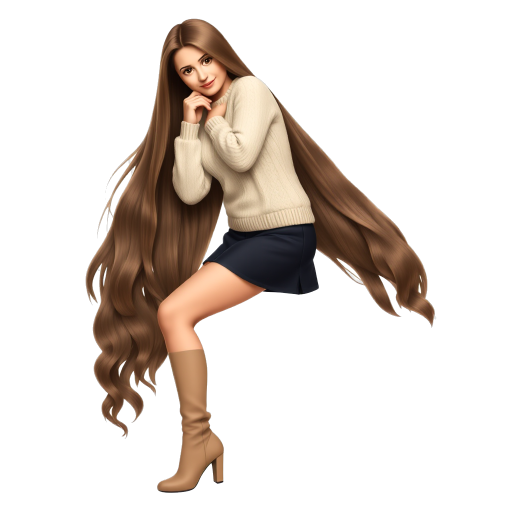beautiful woman with been brown hair with a beautiful body, a beige sweater, black little skirt , long light brown heeled boots.
