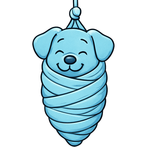 #B8FFFF completely slikworm cocooned blue puppy with covered #B8FFFF huge coating of #B8FFFF slik wrappings hanging on a wall